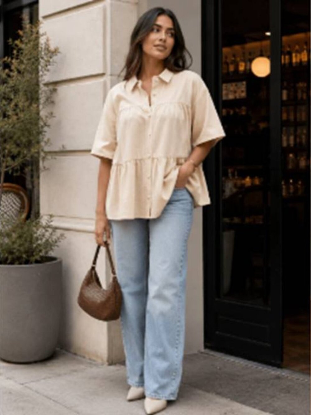 Women's Short Sleeve Button Front Tiered Tunic Top Loose Fit 100% Cotton Taupe